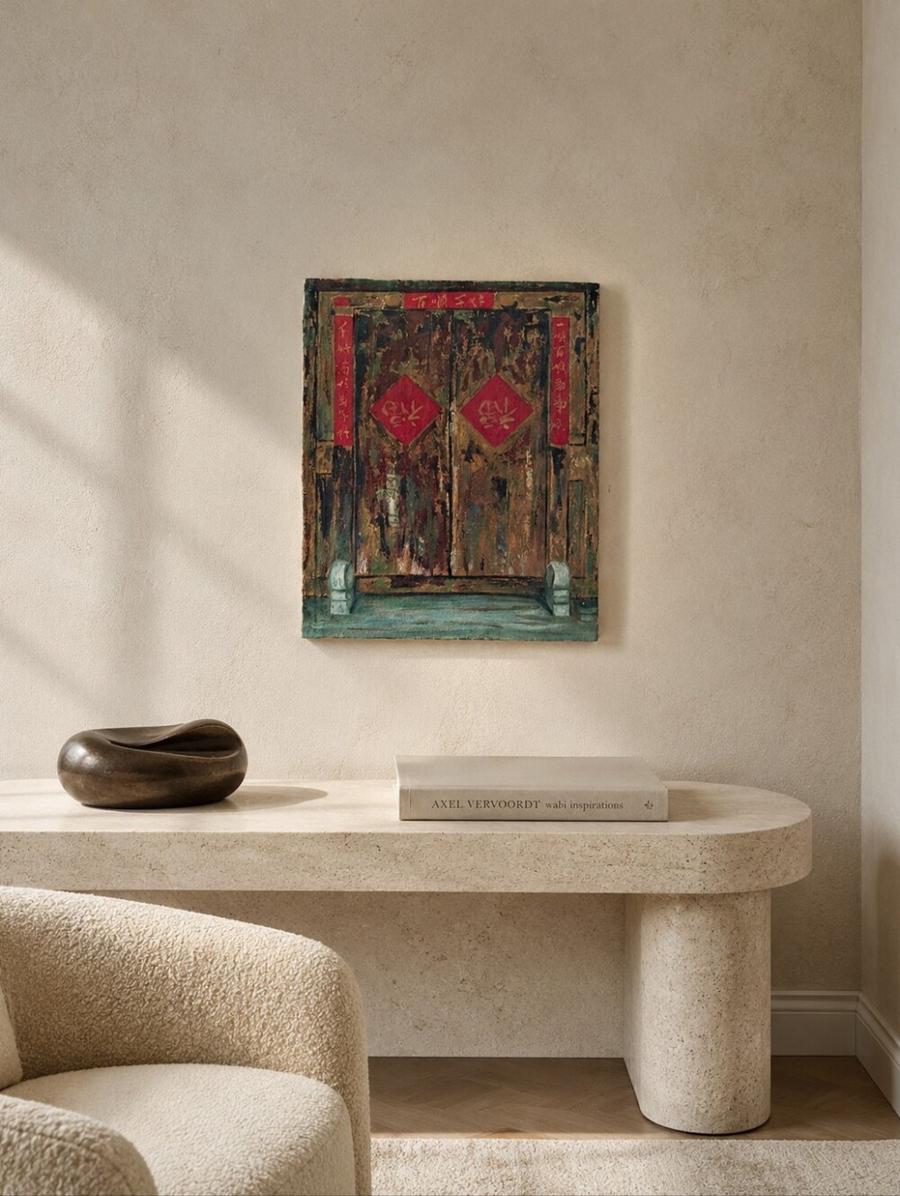 Vintage Original Oil Painting Chinese Door Red Couplets